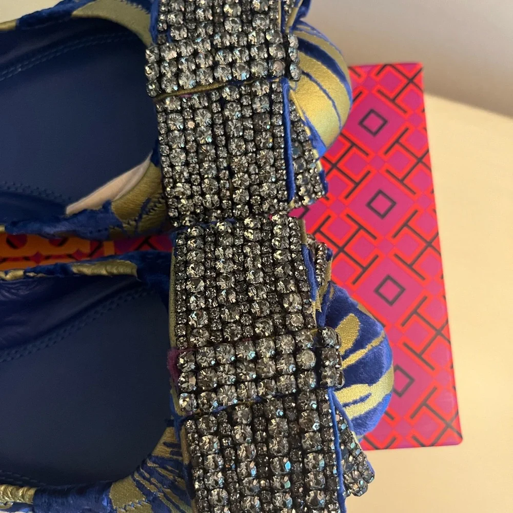 Tory Burch Blue and Gold Flats with Rhinestone Bow - Picture 3 of 6